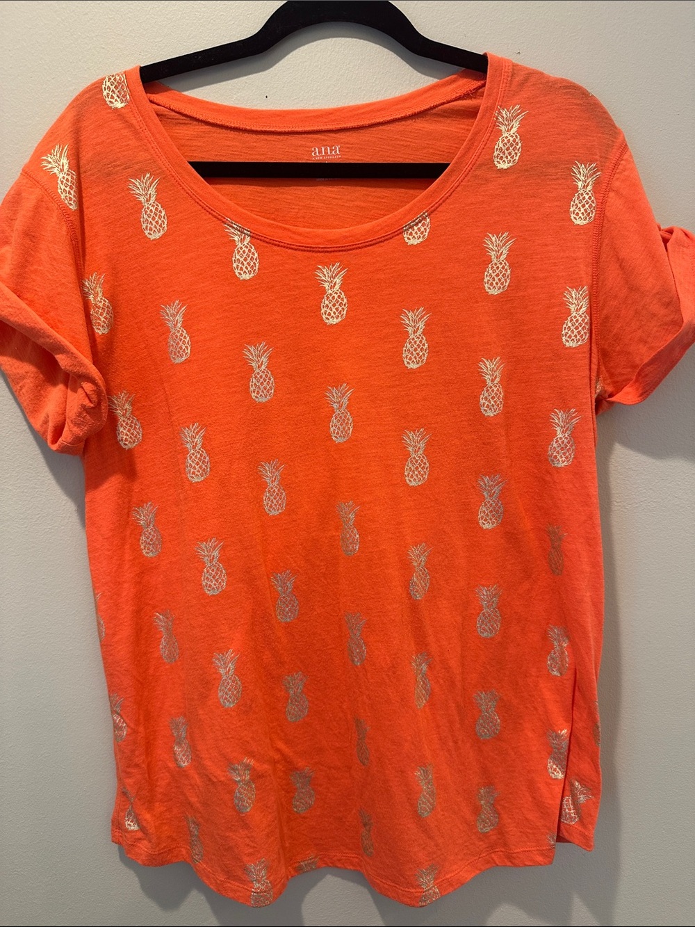 a.n.a Bright Orange Short Sleeve Tee with Metallic Pineapple Print